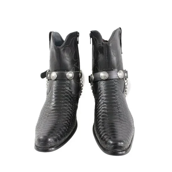 Men Boots Chains Pair Black Faux Leather Strap Native American Charm Motorcycle